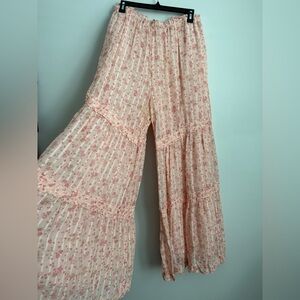 Free People Emmaline Peach Floral Ruffle Wide Pants Faux Boho Maxi Flowy Skirt M